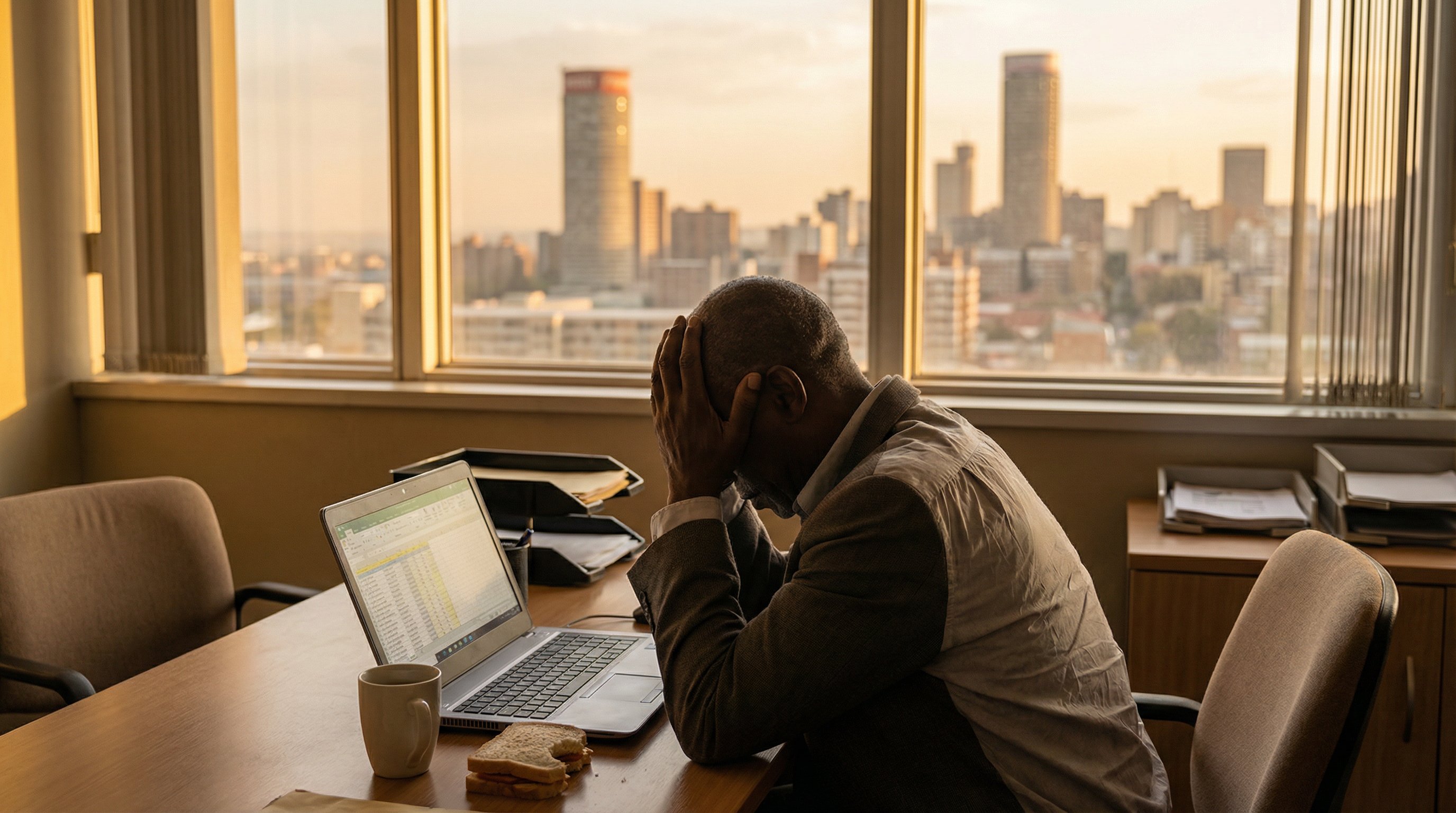 Exhausted South African professional experiencing workplace burnout in Johannesburg office
